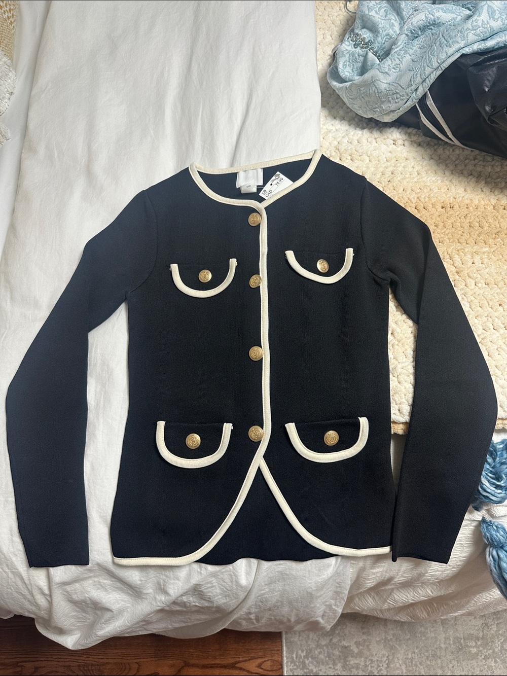 H&M Black Cardigan with Cream Trim and Gold Buttons